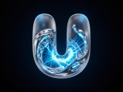 Bubbly capital letter U with blue plasma energy for futuristic tech and branding concept