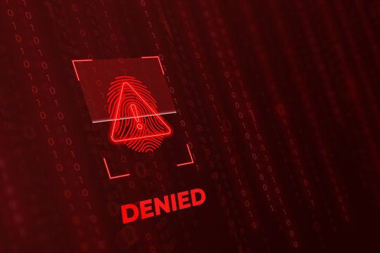 Digital fingerprint scan with red binary code background displaying 'DENIED' access.