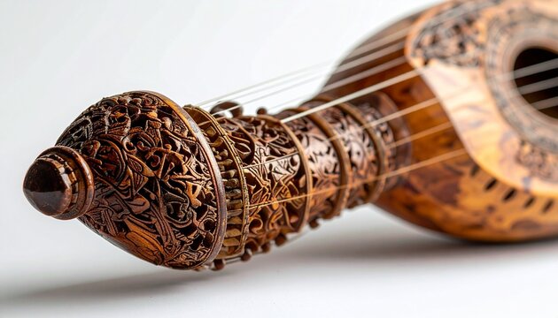 Close-up of traditional sitar resonator with carved bone and metal string details
