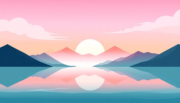 Full moon rising over mountain lake at sunset with reflection