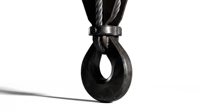 Heavy-duty industrial crane steel hook with strong metallic cable isolated on a white background, professional lifting machinery tool for construction site and manufacturing warehouse.
