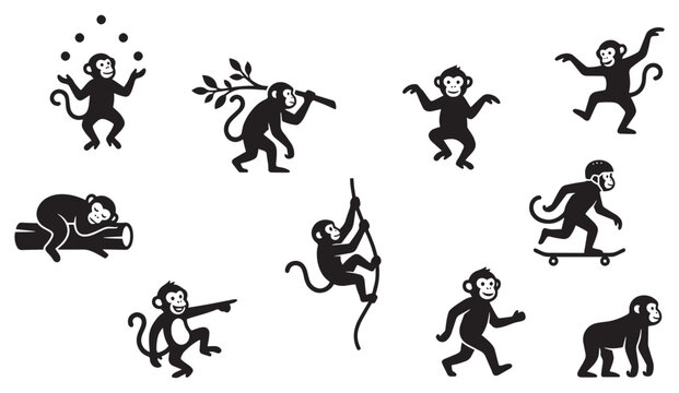 Monkey Silhouette Icon Set &ndash; Playful Primate Poses, Jumping, Sitting, Climbing, and Dancing Monkeys in Minimal Black Style, Wildlife Animal Illustration Collection for Zoo, Jungle Theme, Kids Design, 