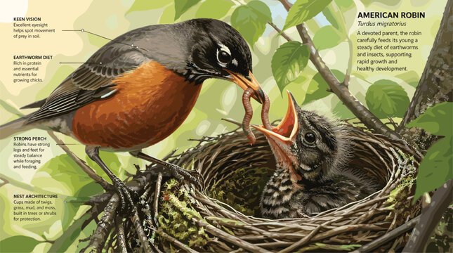American Robin Bird Feeding Young Nestling Worm in Tree Branch Nature Close-up