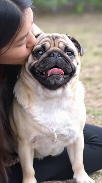 close up shot of a happy woman hugging and kissing her dog.Vertical