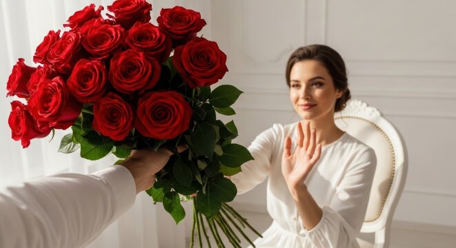 woman refusing bouquet of red roses
