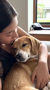 close up shot of a happy woman hugging and kissing her dog.Vertical