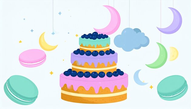 Three-tiered berry cake with macarons and moons in pastel space background