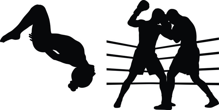 Action, sports, silhouette, collection, featuring, a, professional, gymnast, performing, a, backflip, and, two, boxers, fighting, in, a, competitive, boxing, ring.