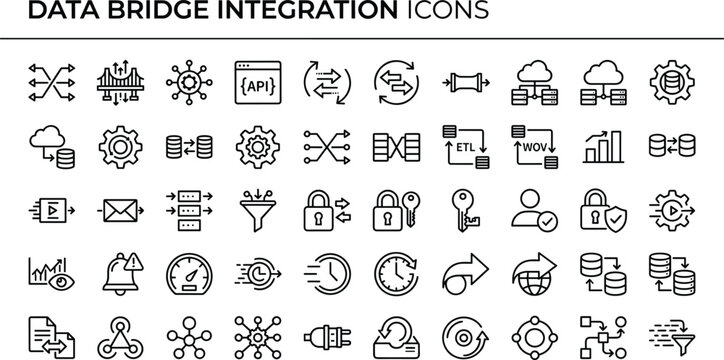 Data Bridge Integration Line Icon Set With API Connection Cloud Transfer Workflow And Security Symbols