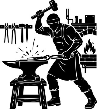 Blacksmith working at an anvil with hammer and tong  industrial craftsmanship scene