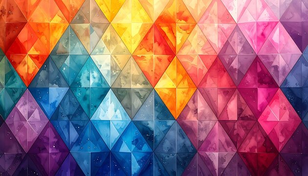 A colorful geometric pattern of triangles in various hues