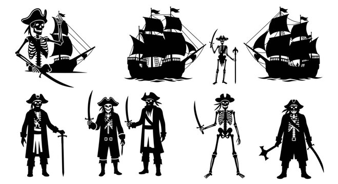 Pirate skeleton characters and sailing ships silhouette collection