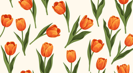 Obraz premium Seamless pattern with vibrant orange tulips and green leaves
