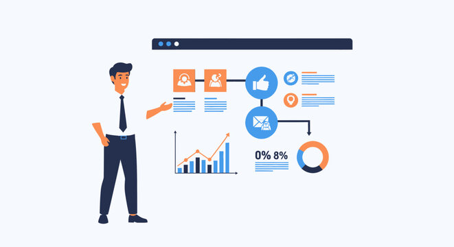 Businessman presenting business data with charts and graphs on screen