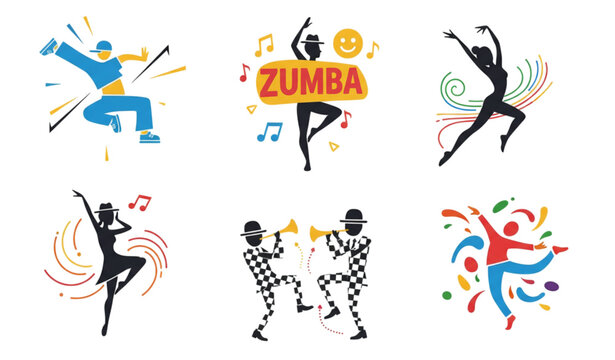 A modern outline vector icon set representing multiple dance styles including Zumba, jazz, street dance, ska, and freestyle dancing. Thin line style, clean consistent stroke, transparent background, e