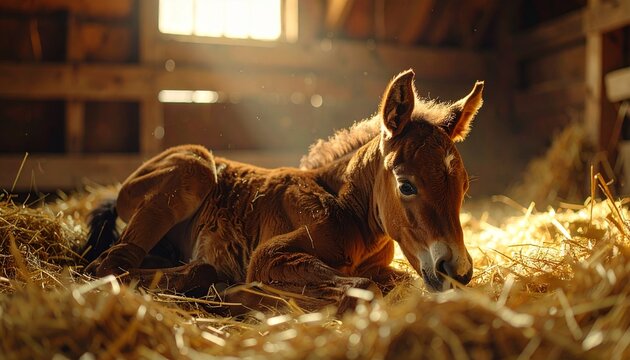 Newborn foal resting on straw in sunlit stable