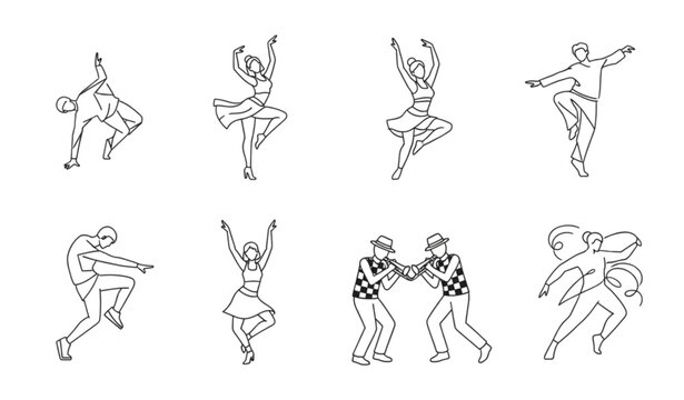 Outline dance icon set with zumba jazz street dance and freestyle movement vector illustration