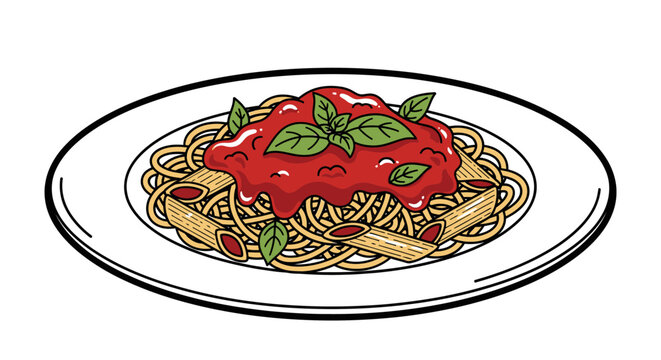 Pasta dish illustration with spaghetti sauce and basil leaves on a white plate