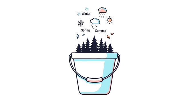 Bucket with trees and weather icons.