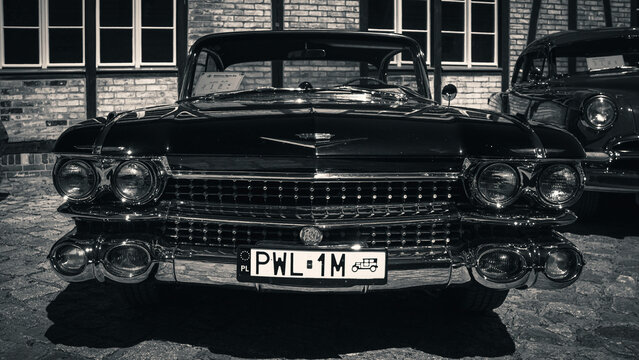 Berlin, Germany - May 2, 2026. Black and white classic Cadillac front view