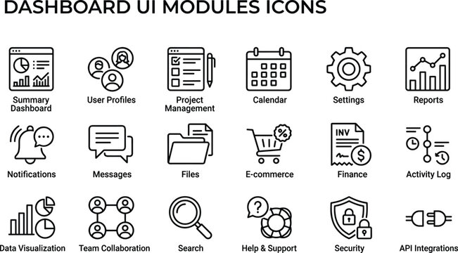 Dashboard UI Modules Line Icon Set With User Profiles Project Management Reports And Security Symbols
