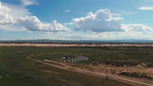 Aerial view of traditional Mongolian ger camp in Bayan Gobi, Elsen Tasarkhai, 4K