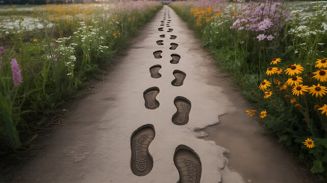 Footprints on path with wildflowers emphasizing precision, focus, and dedication