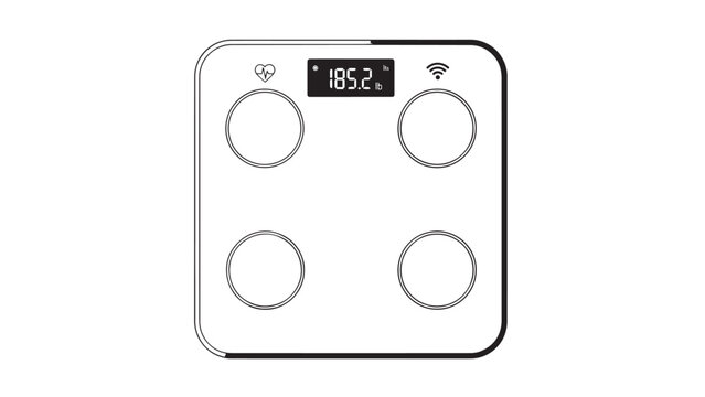 Digital four-sensor bathroom scale with clear display showing weight measurements and round buttons for home use.