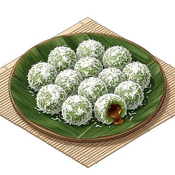 Traditional klepon rice cakes filled with liquid palm sugar served on banana leaf on white background