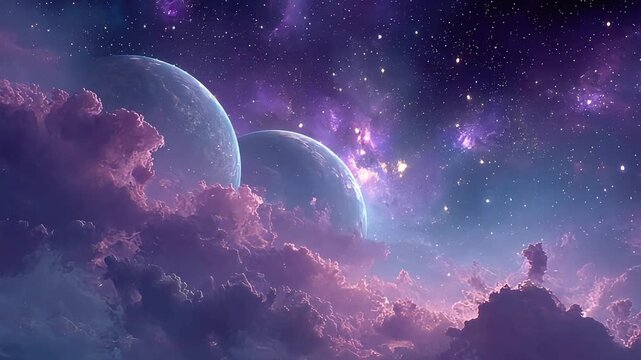 A surreal cinematic view of glowing planets amidst purple celestial clouds and starry space, ideal for futuristic backgrounds.