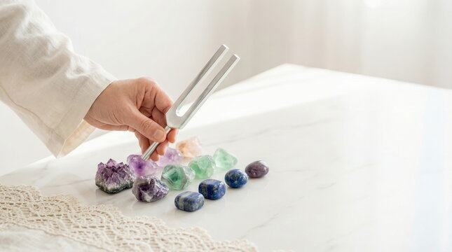 Healing tuning fork held above various crystals on white marble, promoting holistic wellness and spiritual balance.