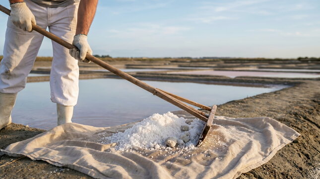 Salt harvesting worker raking sea salt crystals onto canvas in traditional salt marsh with brine pools, natural resource extraction.