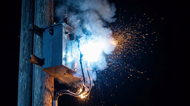 Electrical transformer exploding with sparks and smoke on utility pole at night, symbolizing power outage and infrastructure failure.