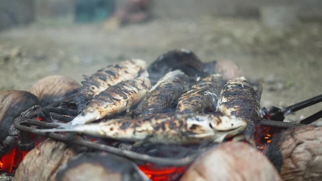 Milkfish Grilling Over Glowing Coconut Husk Charcoal