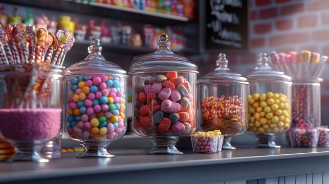 Colorful assortment of candies in glass jars on a bakery counter
