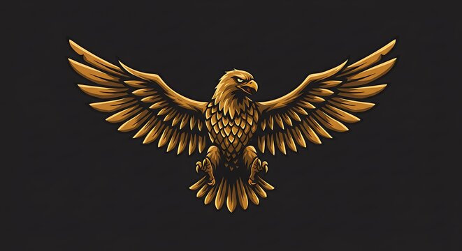 Golden eagle mascot logo with wings spread and sharp talons isolated on dark background