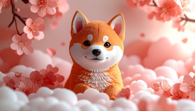 桜と柴犬の和紙切り絵アート