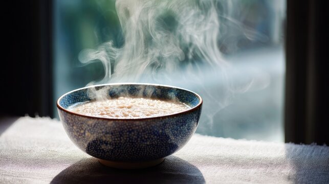 Hot bowl of porridge on a wooden table with soft morning light and steam rising, creating a cozy breakfast scene for a warm start to the day