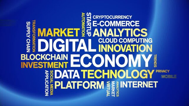 Digital Economy animated word cloud-text design animation tag kinetic typography seamless loop.