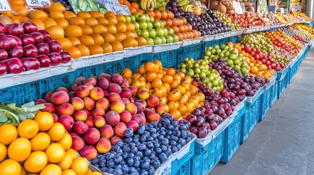Vibrant outdoor fruit stand displays apples, oranges, grapes, and berries in blue crates
