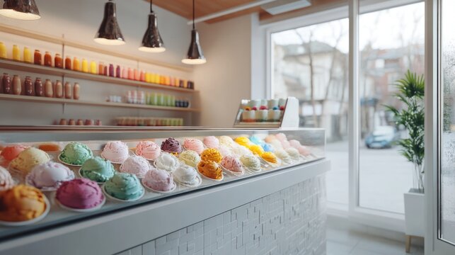 Bright interior of a colorful ice cream shop with display of frozen treats