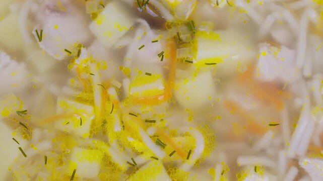 Closeup homemade noodle soup with chicken, vermicelli, diced vegetables, lemon zest and dill in clear broth, steaming texture conveying warm comfort and rustic kitchen atmosphere