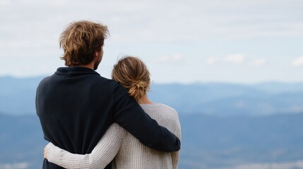 Fototapeta premium Couple embracing while overlooking mountain landscape view