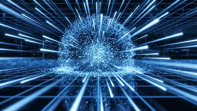 Abstract Blue Energy Burst Through Digital Grid.