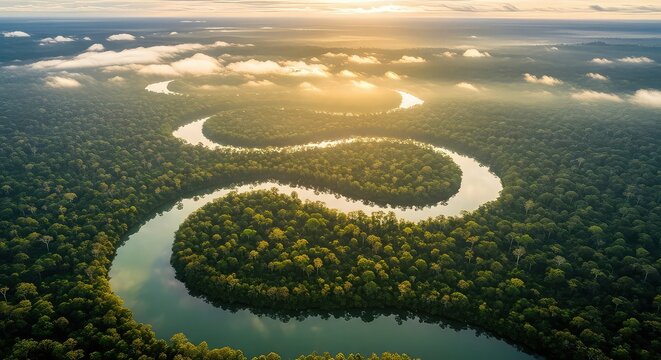 Aerial view of winding river through lush tropical rainforest, meandering water stream in dense green jungle, sunrise over misty amazon wilderness