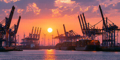 Fototapeta premium Sunset Over Industrial Harbor Skyline: Vibrant Dusk at Port with Ships & Cranes