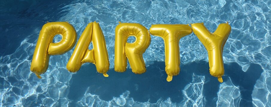 Yellow inflatable balloon letters spelling party floating on pool water for celebration background and party banner design