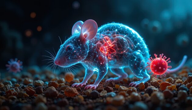 A digital illustration of a mouse showing the virus infection throughout its body, focusing on the concept of medical research and animal models