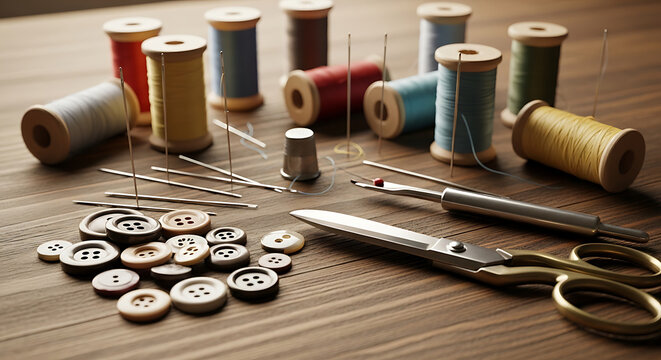 Sewing tools and threads arranged on a wooden table with scissors and buttons