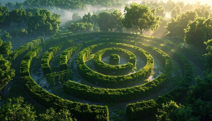 Naklejka premium Aerial View of a Circular Green Maze in a Forest.